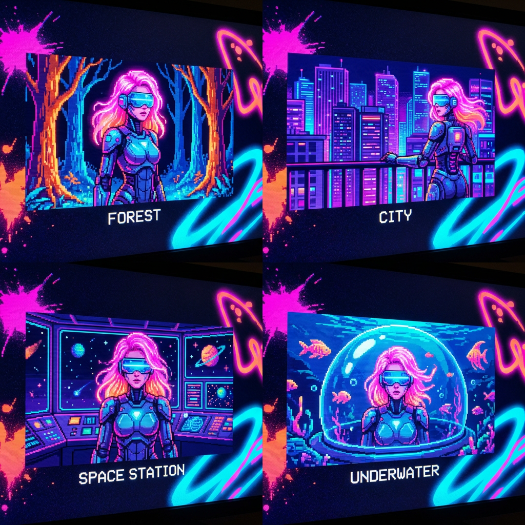 A 2x2 grid showing the same female character maintaining consistent appearance across four different environments: forest, city, space station, and underwater, in pixel art vaporwave style