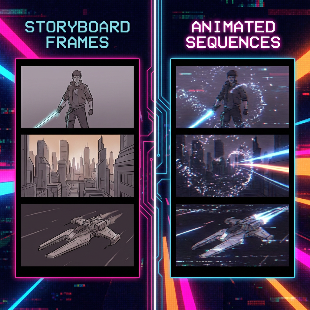 A writer collaborating with a holographic AI assistant, surrounded by floating narrative threads and branching story paths in a neon-lit retro-futuristic environment