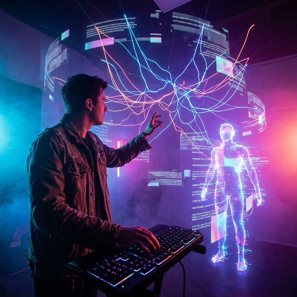 Split-screen comparison showing static storyboard sketch frames on the left transforming into animated video sequences with particle effects on the right, in a neon retro-futuristic style