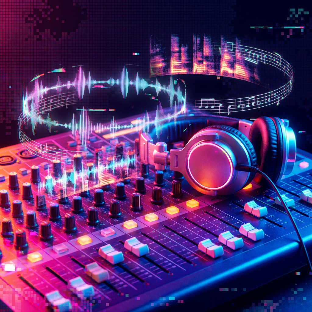 A futuristic sound mixing console with holographic audio waveforms, voice spectrograms, and music notation floating above it, with studio headphones resting on the console in neon vaporwave lighting