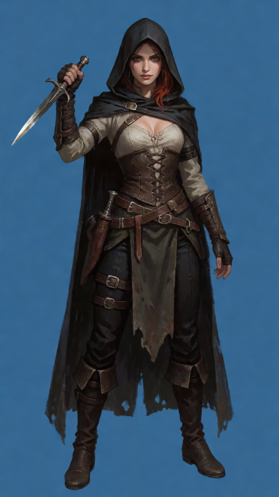 full color caucasian female rogue standing in front of a featureless flat blue background, holding up a dagger, hooded cloak, dark fantasy style