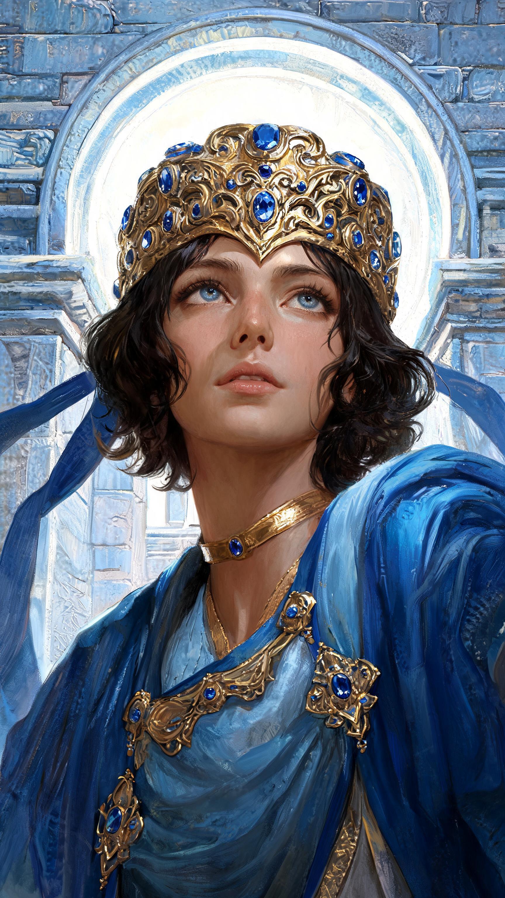 A regal young warrior-priestess with refined Mediterranean features, expressive gray-blue eyes, and short wavy dark hair, gazing upward with a calm, resolute expression. She wears an ornate gilded ceremonial helm inlaid with polished sapphire gemstones, a matching gold choker, jeweled ornaments, and flowing royal-blue silk robes fastened with elegant golden clasps. Soft celestial light illuminates her face, emphasizing realistic skin tones, delicate facial features, and intricate metallic craftsmanship. Behind her, a luminous circular halo-like architectural motif and layered blue stone textures evoke an ancient sacred temple. Rich painterly brushstrokes, subtle impasto, dramatic yet natural lighting, harmonious blue and gold palette, highly detailed textures, classic Western fantasy realism, oil painting style, masterpiece quality, vertical portrait composition, 800×1200 resolution.