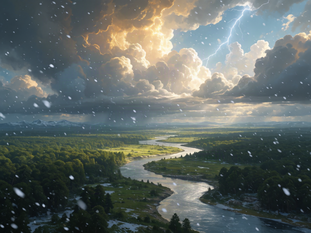 Epic landscape, cloudy sky, majestic, fantasy land, (cold sun light: 1.7), river, dramatic lighting, digital art, snow, green landscape, golden lightning, endless forest, high forest, ancient world, snow storm, perfect quality, silver river
