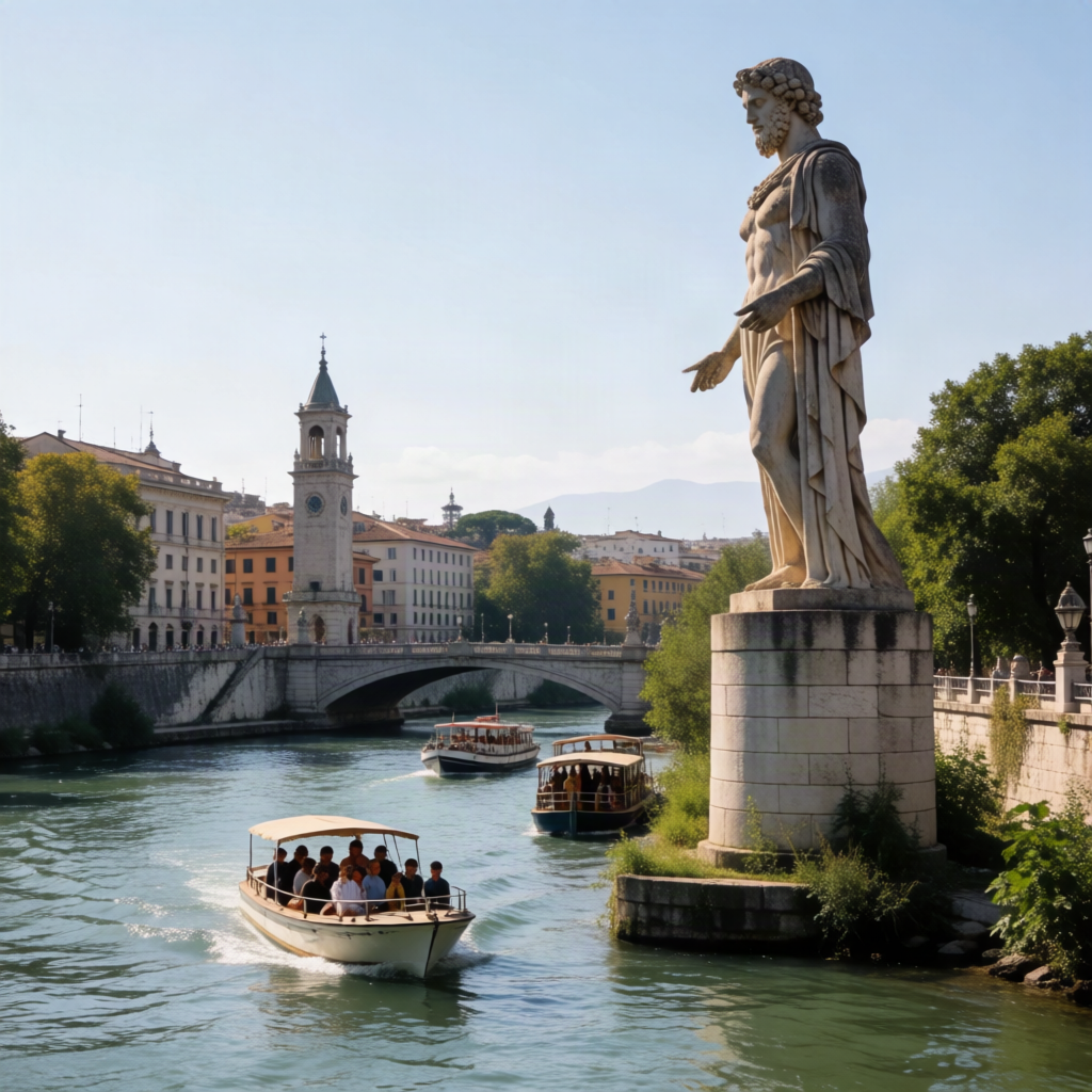 A river view featuring a large Greek statue standing tall, allowing boats to pass beneath it.