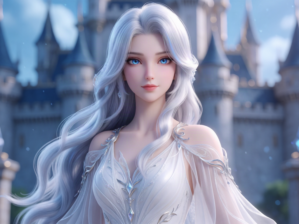 **PROMPT — Queen Sylvia, Rejecting My Five Female Mates**
Create a highly detailed 3D CGI fantasy character inspired by Queen Sylvia from the animated series *Rejecting My Five Female Mates*. She is an adult fantasy queen with exceptionally long, flowing silver-white hair, subtle icy-blue highlights, luminous sapphire-blue eyes, fair porcelain skin with a soft natural blush, delicate facial features, softly arched light-brown eyebrows, a refined nose, and naturally glossy pink lips. Her face is symmetrical, elegant, youthful-looking but clearly adult, with a calm, confident, regal expression.
Her hair is silky, voluminous, and gently wavy, cascading over her shoulders and down her back. Her overall appearance is ethereal, graceful, and otherworldly.
**Outfit:** An elegant white bridal gown inspired by royal fantasy fashion. The dress features delicate translucent chiffon sleeves and flowing layers, fine silver embroidery, intricate crystal embellishments, subtle metallic accents, and graceful draping. The back of the gown has refined silver ornamental straps and delicate jewelry details. The design is luxurious, sophisticated, and modest.
**Visual style:** Premium 3D animated fantasy series, semi-realistic CGI, lifelike facial rendering, detailed individual hair strands, realistic skin texture, expressive blue eyes, soft cinematic lighting, cool moonlight reflections, subtle blue-white color grading, high-end character design, beautifully rendered fabrics.
**Composition:** Full character portrait, face and upper body clearly visible, elegant upright posture, softly blurred royal castle background with pale blue light, centered composition, vertical 9:16 aspect ratio, extremely detailed, sharp focus on the face.
**Negative prompt:** dark hair, brown eyes, short hair, exaggerated facial features, distorted face, asymmetrical eyes, plastic-looking skin, blurry image, low resolution, malformed hands, extra fingers, text, logos, watermarks.