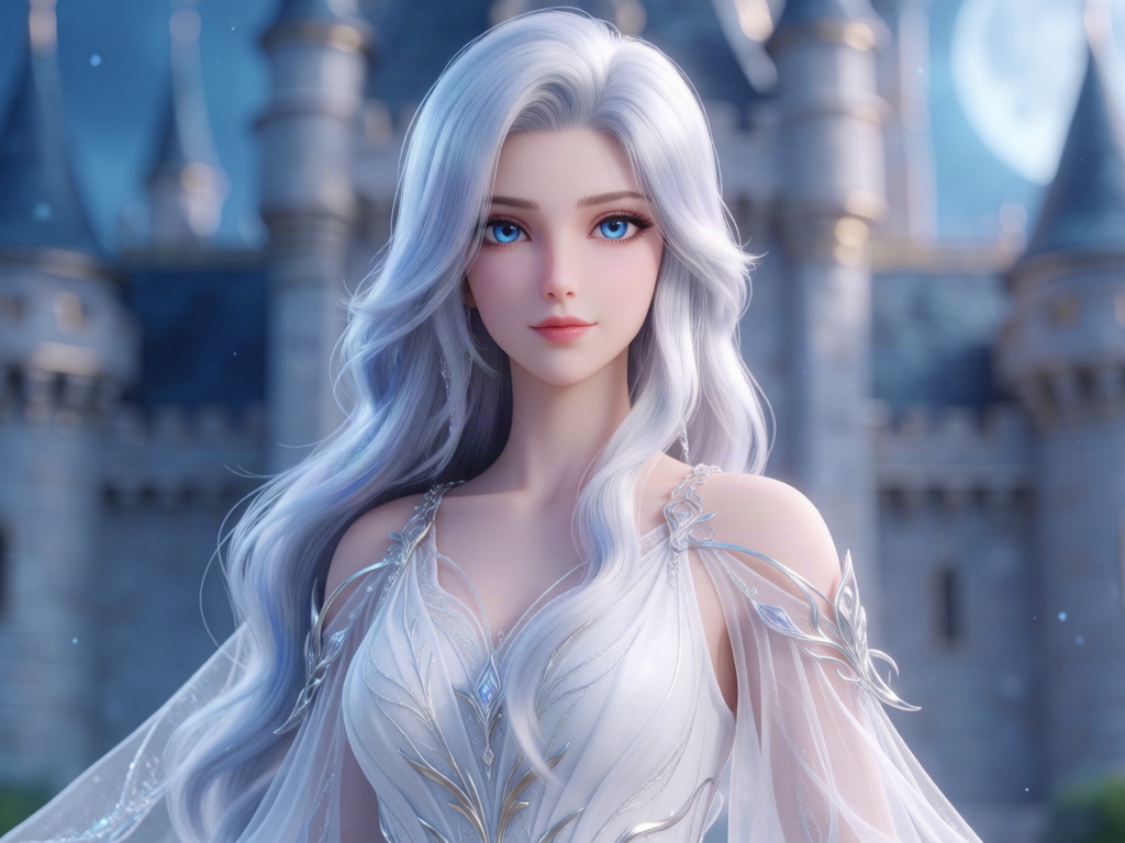 **PROMPT — Queen Sylvia, Rejecting My Five Female Mates**
Create a highly detailed 3D CGI fantasy character inspired by Queen Sylvia from the animated series *Rejecting My Five Female Mates*. She is an adult fantasy queen with exceptionally long, flowing silver-white hair, subtle icy-blue highlights, luminous sapphire-blue eyes, fair porcelain skin with a soft natural blush, delicate facial features, softly arched light-brown eyebrows, a refined nose, and naturally glossy pink lips. Her face is symmetrical, elegant, youthful-looking but clearly adult, with a calm, confident, regal expression.
Her hair is silky, voluminous, and gently wavy, cascading over her shoulders and down her back. Her overall appearance is ethereal, graceful, and otherworldly.
**Outfit:** An elegant white bridal gown inspired by royal fantasy fashion. The dress features delicate translucent chiffon sleeves and flowing layers, fine silver embroidery, intricate crystal embellishments, subtle metallic accents, and graceful draping. The back of the gown has refined silver ornamental straps and delicate jewelry details. The design is luxurious, sophisticated, and modest.
**Visual style:** Premium 3D animated fantasy series, semi-realistic CGI, lifelike facial rendering, detailed individual hair strands, realistic skin texture, expressive blue eyes, soft cinematic lighting, cool moonlight reflections, subtle blue-white color grading, high-end character design, beautifully rendered fabrics.
**Composition:** Full character portrait, face and upper body clearly visible, elegant upright posture, softly blurred royal castle background with pale blue light, centered composition, vertical 9:16 aspect ratio, extremely detailed, sharp focus on the face.
**Negative prompt:** dark hair, brown eyes, short hair, exaggerated facial features, distorted face, asymmetrical eyes, plastic-looking skin, blurry image, low resolution, malformed hands, extra fingers, text, logos, watermarks.