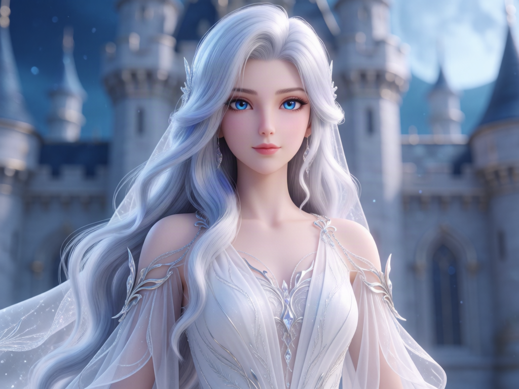 **PROMPT — Queen Sylvia, Rejecting My Five Female Mates**
Create a highly detailed 3D CGI fantasy character inspired by Queen Sylvia from the animated series *Rejecting My Five Female Mates*. She is an adult fantasy queen with exceptionally long, flowing silver-white hair, subtle icy-blue highlights, luminous sapphire-blue eyes, fair porcelain skin with a soft natural blush, delicate facial features, softly arched light-brown eyebrows, a refined nose, and naturally glossy pink lips. Her face is symmetrical, elegant, youthful-looking but clearly adult, with a calm, confident, regal expression.
Her hair is silky, voluminous, and gently wavy, cascading over her shoulders and down her back. Her overall appearance is ethereal, graceful, and otherworldly.
**Outfit:** An elegant white bridal gown inspired by royal fantasy fashion. The dress features delicate translucent chiffon sleeves and flowing layers, fine silver embroidery, intricate crystal embellishments, subtle metallic accents, and graceful draping. The back of the gown has refined silver ornamental straps and delicate jewelry details. The design is luxurious, sophisticated, and modest.
**Visual style:** Premium 3D animated fantasy series, semi-realistic CGI, lifelike facial rendering, detailed individual hair strands, realistic skin texture, expressive blue eyes, soft cinematic lighting, cool moonlight reflections, subtle blue-white color grading, high-end character design, beautifully rendered fabrics.
**Composition:** Full character portrait, face and upper body clearly visible, elegant upright posture, softly blurred royal castle background with pale blue light, centered composition, vertical 9:16 aspect ratio, extremely detailed, sharp focus on the face.
**Negative prompt:** dark hair, brown eyes, short hair, exaggerated facial features, distorted face, asymmetrical eyes, plastic-looking skin, blurry image, low resolution, malformed hands, extra fingers, text, logos, watermarks.