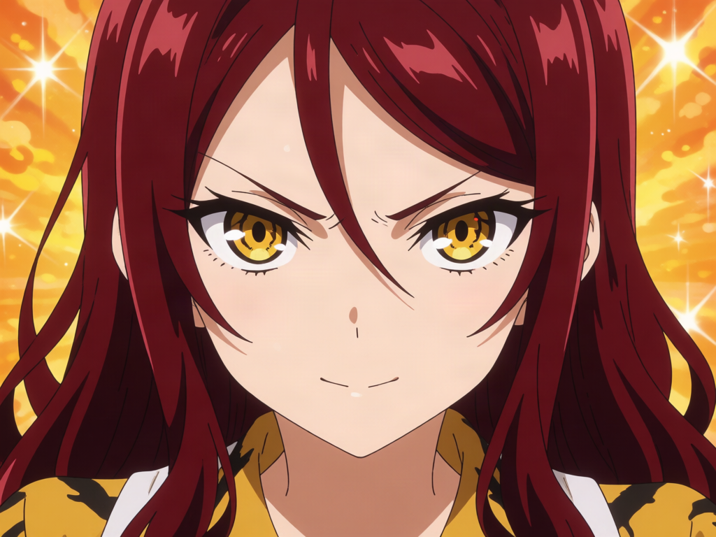 anime artwork, She had long dark red hair, long legs, wheat like skin color, she had fierce tigerlike eyes, look like a pretty delinquent girl, and long slender toes. about 1.93 meter tall. , anime style, key visual, vibrant, studio anime, highly detailed