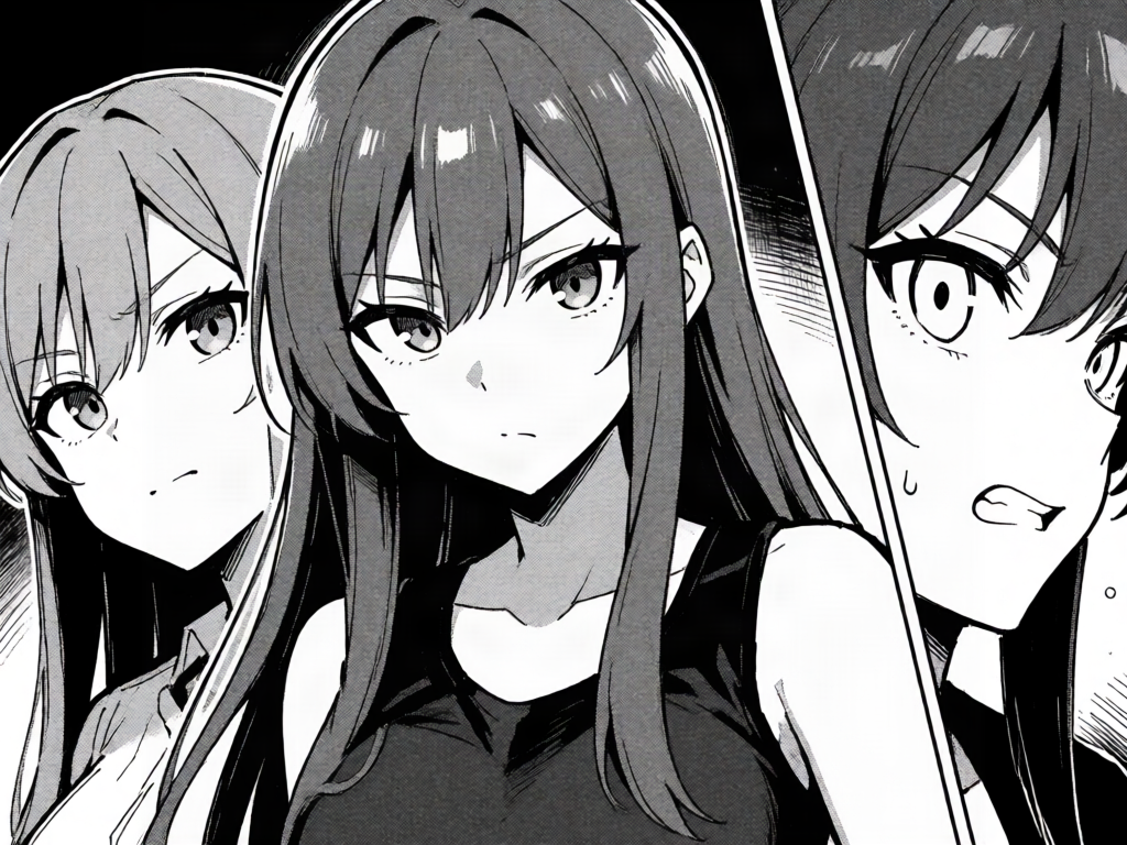 black-and-white manga illustration, strong inking, dramatic panel-style contrast,,  She had long dark red hair, long legs, wheat like skin color, she had fierce tigerlike eyes, look like a pretty delinquent girl, and long slender toes. about 1.93 meter tall. , screen-tone shading, stylized expressions, dynamic motion lines