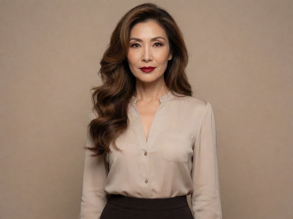 Betty is an elegant Asian woman in her early to mid-40s. She has a statuesque figure (around 5'3") with long, toned legs, strong yet shapely calves and thighs, a narrow waist, and feminine curves accentuated by her fitted clothing. Her skin is olive in tone andsmooth and flawless.
Her face features high cheekbones, almond-shaped eyes with subtle makeup (defined liner and shadow), and full lips painted in a bold, dark red matte lipstick. She has long, voluminous, wavy chestnut-brown hair with lighter highlights, styled in soft, cascading waves that fall over one shoulder.
Her nails are always perfectly manicured with red polish. She carries herself with confident, poised posture — shoulders back, chin lifted, and a direct
She dressed in a 
Pencil skirt, teasingly buttoned blouse, sheer stockings, sharp stilettos