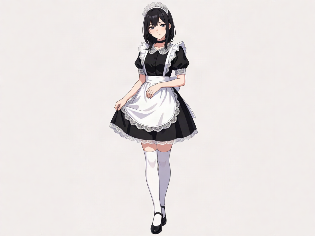 High-quality anime illustration, single full-body character, one solo figure centered on a plain light background, detailed cel-shading with soft clean lighting. A composed, confident young woman — a poised and capable palace maid with a mischievous glint — standing with quiet, self-assured grace.
Appearance: a 24-year-old woman, slender with a delicate frame and an almost angelic cast to her features — porcelain-smooth flawless skin, softened by fierce, sharp dark eyes that undercut the gentleness of her face. Short black hair falling to her shoulders, cut with bangs that frame her eyes. She carries herself with fluid, practiced grace and an air of composed competence.
Outfit: the traditional black-and-white maid's uniform of a royal palace — a black dress with a white lace-trimmed apron, a short skirt, puffed short sleeves with white cuffs, a white lace collar, a lace-trimmed maid's headband/headpiece in her hair, white thigh-high socks/stockings, a black choker at her throat, and neat black shoes. Immaculate, crisp, and formal.
Pose and mood: poised and quietly defiant — standing with elegant composure, chin tilted slightly up, one eyebrow subtly arched, a faint knowing, mischievous half-smile playing at her lips. Perhaps mid-curtsy holding the edge of her apron, or hands folded neatly with a confident, teasing glint in her eye. Calm, capable, and just a little cheeky — the kind of servant who's already solved the problem while everyone else panics.
Palette: black hair, fierce dark eyes, black-and-white maid uniform, white apron and stockings, black choker, porcelain skin, soft clean lighting. Elegant, crisp, charming palace-maid aesthetic, detailed line art, crisp clean rendering, high quality, masterpiece.