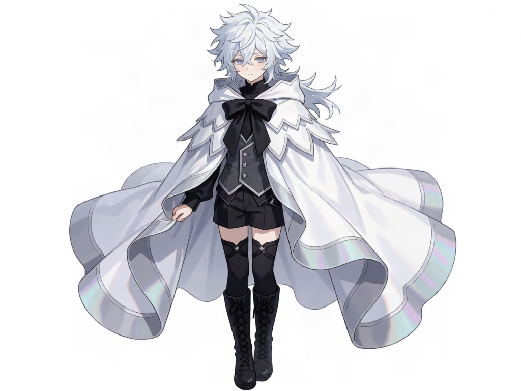 High-quality anime illustration, single full-body character, one solo figure centered on a plain white background, detailed cel-shading with soft delicate lighting. A shy, slight young man — a self-taught mage — standing with a timid, reserved posture, radiating gentle, fragile, otherworldly beauty.
Appearance: an 18-year-old human male, youthful and androgynous with a soft feminine face, pale delicate skin, and a faint shy red blush across the cheeks. Slight, slender, short of stature with a fragile silhouette. Messy, thick, tousled moonlit-white hair — wild and spiky, layered and falling to the jaw with uneven bangs framing his face, a few longer locks trailing back and to the side, windblown and untamed. His most striking feature: large, luminous, well-defined anime eyes with correct eye anatomy — clear round irises, distinct pupils, and bright white catchlight highlights. The irises glow with a soft iridescent opal shimmer, gentle gradients of blue, purple, green, and pink blended smoothly within each iris like gemstone opal, while keeping a normal, readable, symmetrical eye shape — otherworldly and crystalline, but unmistakably eyes.
Outfit — an elegant gothic-fairytale ensemble in white, silver, and black: a large, voluminous flowing white cloak/cape with a scalloped, petal-layered collar drapes dramatically from his shoulders, billowing wide and full around him, its edges trimmed in soft grey-white with a pearlescent sheen. At the throat, a prominent large black ribbon bow fastens the cape. Beneath it he wears a fitted dark charcoal-black layered vest/bodice with silver buttons and trim, over a high-necked top, paired with short black shorts at the waist. His legs are in black over-the-knee thigh-high stockings with dark garter-strap detailing at the top, and tall black lace-up boots with cross-laced fronts. Refined, elegant, and slightly gothic — pale and monochrome, a striking contrast to his soft features.
Pose and mood: timid and bashful — shoulders slightly drawn in, perhaps half-hiding, hands clasped shyly in front of him or fidgeting with the edge of his cape, gaze cast downward or glancing nervously to the side. Soft, hesitant, endearing body language.
Palette: moonlit-white hair, iridescent opal-shimmer eyes, voluminous white pearlescent cloak, black ribbon bow, charcoal-black vest with silver trim, black thigh-highs and lace-up boots, soft muted monochrome tones, gentle diffused lighting. Delicate, ethereal, elegant gothic-fairytale aesthetic, detailed line art, crisp clean rendering, high quality, masterpiece.