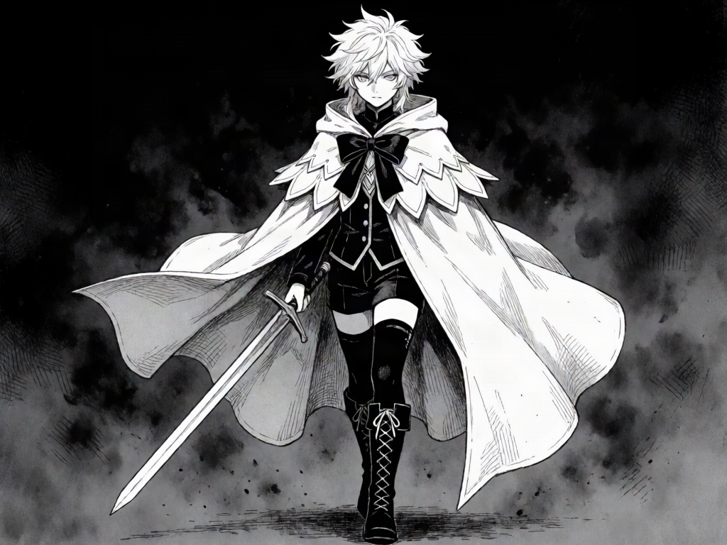 Gritty dark manga illustration, black-and-white pen-and-ink art, heavy spotted blacks, rough cross-hatching and dramatic ink shading, high-contrast monochrome, raw sketchy linework in a seinen dark-fantasy manga style. A slight, composed young man — a self-taught mage — standing facing the viewer with a still, detached, aloof posture, emerging from smoky shadow.
Appearance: an 18-year-old human male, youthful and androgynous with a soft feminine face, pale skin rendered in fine ink linework and light screentone. Slight, slender, short of stature with a fragile silhouette. Messy, thick, tousled spiky white hair (bright white against dark inking), layered and falling to the jaw with uneven bangs framing his face, a few longer locks trailing back.
His eyes (the focal point): large, well-defined manga eyes with correct anatomy — clear irises, distinct pupils, bright catchlights — rendered with delicate screentone and ink gradients to suggest an otherworldly opalescent shimmer, luminous and glowing against the surrounding grey and black. His expression is flat, cool, and expressionless — almost bored, eyes half-lidded and unbothered, gaze level or drifting off to the side with detached disinterest.
Outfit (inked in black and white): a large, voluminous flowing pale cloak with a scalloped, petal-layered collar drapes dramatically from his shoulders, billowing wide — rendered in clean whites and light screentone with ink-lined folds, its edges catching stark highlights against the dark. A prominent large black ribbon bow (bold spotted black) fastens it at the throat. Beneath, a fitted dark inked vest with buttons and trim over a high-necked top, short shorts, black over-the-knee thigh-high stockings with garter straps (dense black screentone), and tall black lace-up boots with cross-laced fronts. Elegant, gothic, high-contrast — pale cloak against black underclothes.
Weapon: in one hand he loosely holds a simple, plain longsword — a straight, unadorned blade inked with sharp highlight lines, held point-down and lowered toward the ground at his side, carried with detached ease.
Background: a dark, moody, atmospheric void — deep spotted blacks bleeding into a rough hatched grey gradient, drifting ink mist, ominous and empty, dramatic negative space.
Style: gritty seinen dark-fantasy manga, bold ink, screentone shading, rough textured linework, high contrast, cinematic, detailed, masterpiece quality.