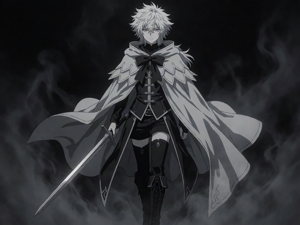 High-quality anime illustration, dark and moody, desaturated near-monochrome greyscale palette with heavy shadow and atmosphere — the entire image drained of color to smoky greys, deep blacks, and muted ashen tones, in the style of a bleak, cinematic anime key visual. Selective color: the ONLY color in the entire frame is his glowing eyes — everything else is greyscale.
A slight, composed young man — a self-taught mage — standing facing the viewer with a still, detached, aloof posture, emerging from smoky shadow, radiating a cool, fragile, otherworldly presence.
Appearance: an 18-year-old human male, youthful and androgynous with a soft feminine face and pale skin rendered in cold greyscale shadow. Slight, slender, short of stature with a fragile silhouette. Messy, thick, tousled spiky white hair, layered and falling to the jaw with uneven bangs framing his face, a few longer locks trailing back, rendered in ashen greys and blacks.
His eyes (the focal point): large, luminous, well-defined anime eyes with correct anatomy — clear round irises, distinct pupils, bright catchlights. The irises glow with a vivid iridescent opal shimmer — luminous gradients of blue, purple, green, and pink — the single brightest, most colorful, otherworldly point in the entire desaturated image, seeming to softly glow against the surrounding grey darkness. His expression is flat, cool, and expressionless — almost bored, eyes half-lidded and unbothered, gaze level or drifting off to the side with detached disinterest.
Outfit (rendered in greyscale): a large, voluminous flowing white-turned-pale-grey cloak with a scalloped, petal-layered collar drapes dramatically from his shoulders, billowing wide, its edges catching faint highlights against the dark. A prominent large dark ribbon bow fastens it at the throat. Beneath, a fitted dark charcoal-black layered vest with silver-grey buttons and trim over a high-necked top, short black shorts, black over-the-knee thigh-high stockings with garter-strap detailing, and tall black lace-up boots with cross-laced fronts. Elegant, gothic, and monochrome — all rendered in shades of grey, black, and ashen white.
Weapon: in one hand he loosely holds a simple, plain longsword — a straight, unadorned steel blade, held point-down and lowered toward the ground at his side, carried with detached, careless ease, its metal a cold grey gleam.
Background: a dark, hazy, smoky void — drifting grey mist and deep shadow, ominous and empty, atmospheric negative space.
Style: bleak cinematic anime, selective color, dramatic chiaroscuro lighting, desaturated greyscale with vivid color accents ONLY on the eyes, high contrast, moody, tragic, detailed line art, crisp rendering, masterpiece quality.