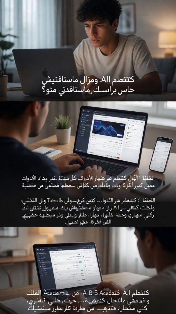 Create a short vertical motivational reel video (9:16) for social media, around 35 to 45 seconds, with a cinematic and modern style, smooth transitions, professional lighting, and a clean inspiring atmosphere.
The video should target young people who are learning AI but feel they are not making real progress.
Main idea
The video explains that many people learn AI but still do not benefit from it because they make 3 common mistakes:
Learning only tools without using them in real work.
Watching tutorials without practicing.
Trying to learn everything at once instead of focusing on one skill and applying it.
Voice-over language
Use Moroccan Darija for the voice-over.
The pronunciation of the academy name must be: A-B-S Academy.
Voice-over script
"كتتعلم الـ A-I ومزال حاس براسك ماستافدتي منو؟ ممكن تكون كدير واحد من هاد 3 الأخطاء.
الخطأ الأول: كتتعلم غير الأدوات. كل نهار أداة جديدة، ولكن ماعارفش كيفاش تستعملها فخدمة حقيقية.
الخطأ الثاني: كتبقى كتفرج فـ Tutorials… ولكن التطبيق؟ والو. راه أي مهارة ماطبقتيهاش بيدك، صعيب تولي متمكن منها.
والخطأ الثالث: باغي تتعلم كلشي مرة وحدة. A-I، Design، Marketing، Coding… ركز على مهارة وحدة. تعلمها، طبق عليها، ودير بها مشروع حقيقي.
حيت الفرق ماشي فشحال من معلومة كتعرف… الفرق فشحال من حاجة قادر تطبق.
A-B-S Academy. تعلم مهارة، طبقها، وطور مستقبلك."
Scene breakdown
Scene 1 – Hook
Visual: Close-up shot of a young person quickly watching many videos on a laptop or phone, scrolling fast, looking confused and unsatisfied.
Style: Cinematic lighting, modern room, slightly dramatic mood.
On-screen text:
"كتتعلم AI… ومزال ماستافدتيش؟"
Scene 2 – Mistake 1
Visual: A person opening and navigating between multiple AI tools and websites, clicking around without doing any real project, in a clean modern workspace.
Mood: Busy but unproductive.
On-screen text:
"الخطأ 1: كتتعلم غير الأدوات"
Scene 3 – Mistake 2
Visual: A person watching a tutorial attentively, but their hands stay away from the keyboard, no action, no practice.
Mood: Passive learning.
On-screen text:
"الخطأ 2: كتتفرج… وماكتطبقش"
Scene 4 – Mistake 3
Visual: A stressed person in front of a laptop with too many tabs open: AI, Design, Marketing, Coding, many windows and distractions.
Mood: Overwhelmed and mentally overloaded.
On-screen text:
"الخطأ 3: باغي تتعلم كلشي مرة وحدة"
Scene 5 – Solution / Transformation
Visual: The same person becomes calm and focused, closes unnecessary tabs, keeps only one task open, starts working seriously on one project.
Mood: Productive, clear, motivating.
On-screen text:
"ركز على مهارة وحدة
تعلمها
طبقها
ودير بها مشروع حقيقي"
Scene 6 – Closing message / Branding
Visual: Clean final frame, inspiring look, person working confidently, subtle professional branding reveal.
Show the name clearly: A-B-S Academy
On-screen text:
"الفرق ماشي فشحال من معلومة كتعرف…
الفرق فشحال من حاجة قادر تطبق."
Final text on screen:
A-B-S Academy
تعلم مهارة، طبقها، وطور مستقبلك.
Visual style
Vertical format 9:16
Cinematic, modern, professional
Smooth camera movement
Clean workspace aesthetic
Realistic young adult character
Emotional progression: confusion → overload → focus → confidence
Suitable for Instagram Reels / TikTok / Facebook Reels
Editing notes
Add subtle motivational background music
Sync scene changes with the voice-over
Add clean Arabic subtitles matching the spoken Darija
Use smooth transitions
Keep pacing fast and engaging
Make the branding elegant and not overly flashy