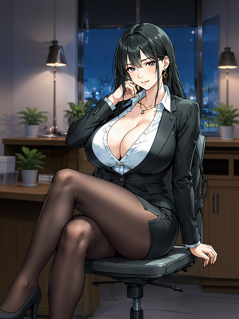 Keep the same character identity, face, hairstyle, body proportions, outfit, and seated pose exactly as the reference image.

Preserve her long straight black hair, elegant mature face, dark eyes, black fitted business jacket, white open-collar blouse, black mini skirt, sheer black tights, black heels, gold hoop earrings, necklace, and office chair.

Keep her legs crossed and maintain the same calm, confident, slightly teasing expression.

Convert and preserve the image as a polished Japanese seinen manga / 2000s cel-digital anime illustration style with refined clean line art, subtle cel shading, soft lighting, and a sophisticated adult office-romance atmosphere.

Keep the full head, upper body, legs, and chair clearly visible inside the frame.
Do not crop the head, legs, or feet.
Center the character naturally with comfortable margins.

Maintain her mature, intelligent, elegant, and slightly seductive presence, but keep the result tasteful and character-focused.

Do not change her age, hairstyle, face shape, outfit design, pose, body build, or expression.
No photorealism, no face change, no extra limbs, no distorted hands, no deformed anatomy, no text, no logo, no watermark.