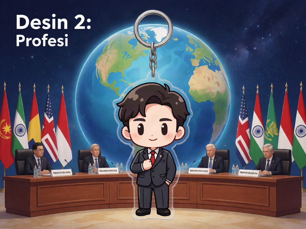 

Desain 2: Profesi diplomat, chibi, full body, background konferensi internasional dengan globe dan bendera.

Bentuk: Gantungan kunci akrilik mengikuti siluet karakter, dengan ring di bagian atas.
tambahin aksen diplomat nya klo bisa ada tulisan nya.