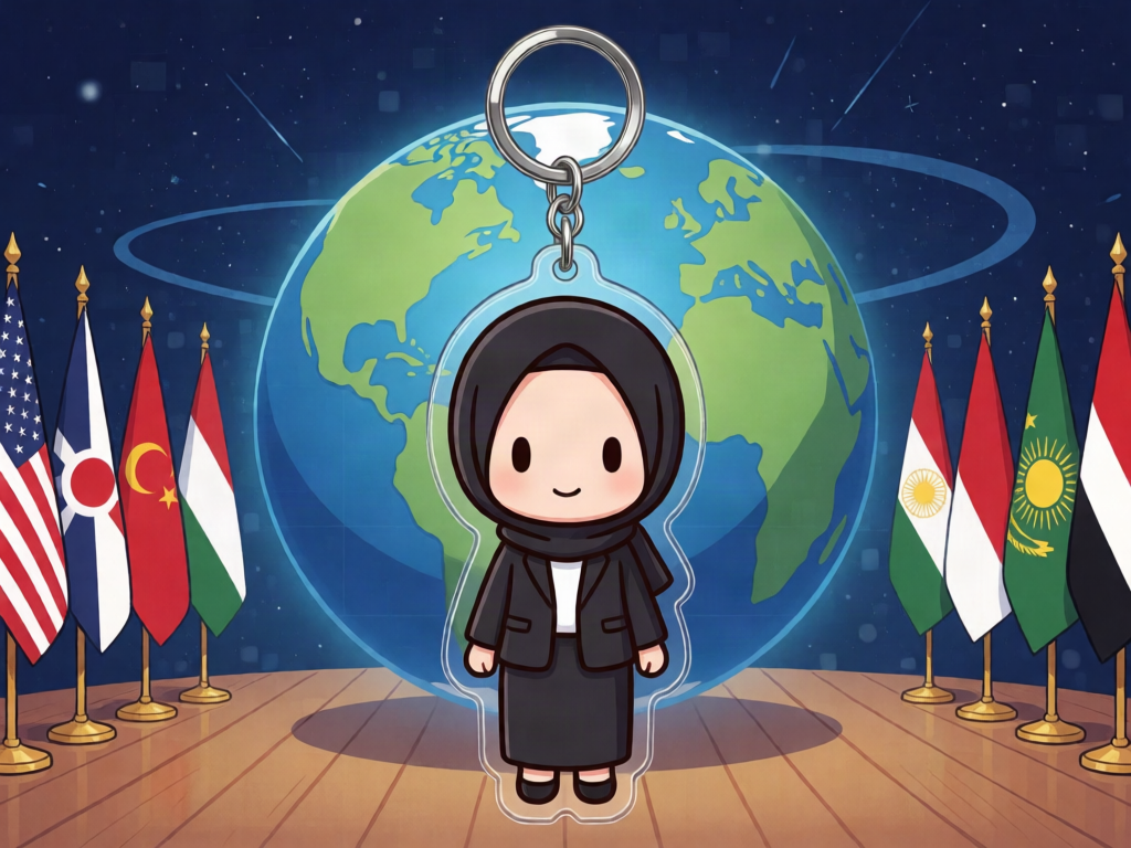 Desain 2: Profesi diplomat, chibi, full body, background konferensi internasional dengan globe dan bendera. pakaian feminim tpi tertutup, memakai rok panjang dan jas cewek, kerudung hitam

Bentuk: Gantungan kunci akrilik mengikuti siluet karakter, dengan ring di bagian atas.

Wajah: chibi dan wajahnya sesuaikan. 