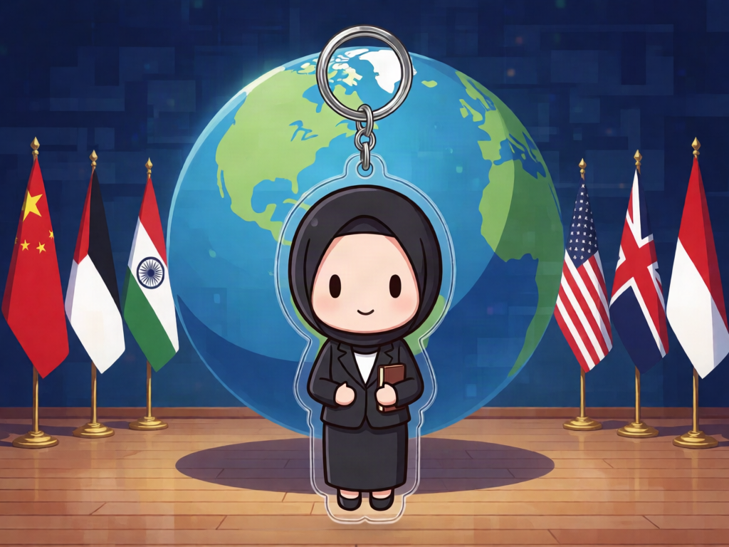 Desain 2: Profesi diplomat, chibi, full body, background konferensi internasional dengan globe dan bendera. pakaian feminim tpi tertutup, memakai rok panjang dan jas cewek, kerudung hitam
Bentuk: Gantungan kunci akrilik mengikuti siluet karakter, dengan ring di bagian atas.
Wajah: chibi dan wajahnya sesuaikan.
tambahin aksen diplomat, memegang buku gitu, trs background nya hapus aja