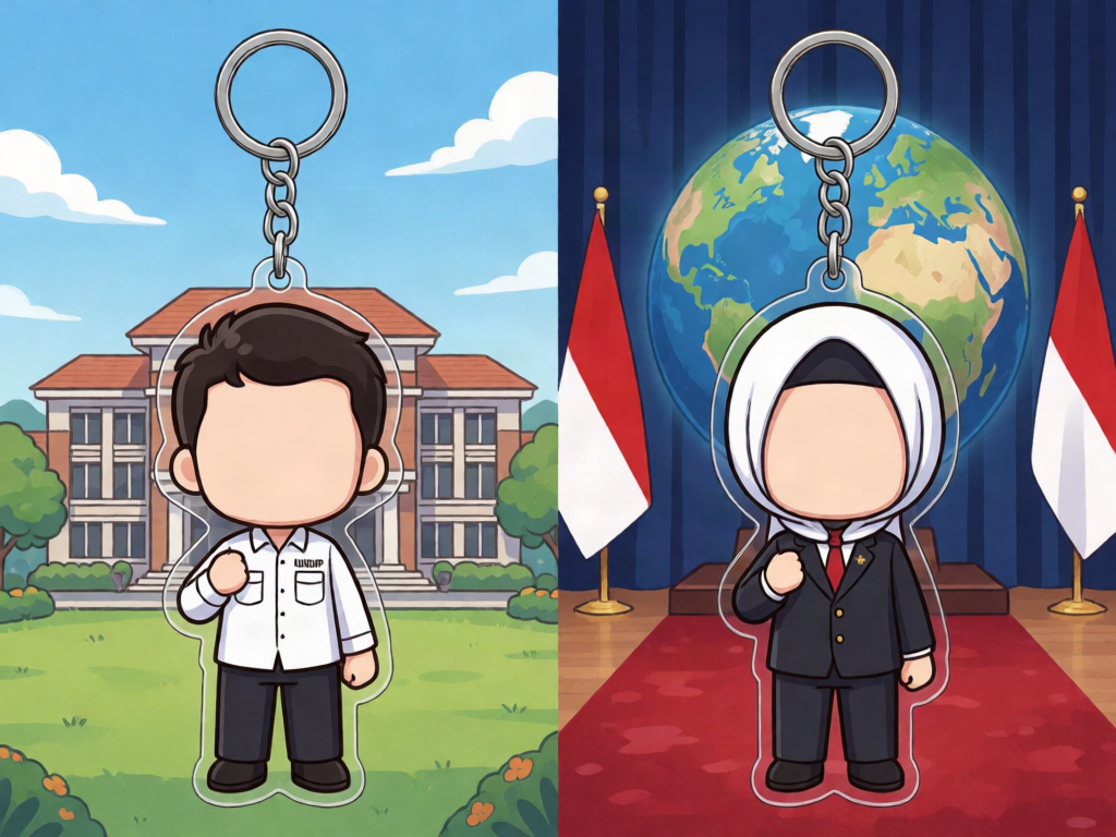 Desain 1: Jas UNDIP, chibi, full body dari kepala sampai kaki, background kampus.

Desain 2: Profesi diplomat, chibi, full body, background konferensi internasional dengan globe dan bendera.

Bentuk: Gantungan kunci akrilik mengikuti siluet karakter, dengan ring di bagian atas.

Wajah: Mengacu pada foto yang kamu kirim, termasuk hijab putih.