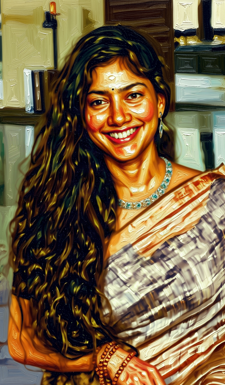 Restyle this image into a classical painterly artwork with visible brushwork, rich color blending, and traditional oil-painting texture, as if rendered by hand on canvas. Keep the subject's pose, composition, and all scene content exactly as they are — only the rendering style changes. Preserve the subject's identity and defining features so they remain clearly recognizable, and keep the existing level of coverage and framing unchanged; do not add, remove, or alter any clothing, anatomy, or elements.