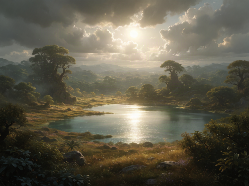 Breathtaking vista, overcast sky, enchanting realm, (chill sunlight: 1.7), serene lagoon, striking illumination, digital painting, gentle golds, lush terrain, shimmering bolts, boundless woodland, towering trees, mystical era, tempestuous winds, pristine detail, clouded sun, surreal, glimmering tempest.