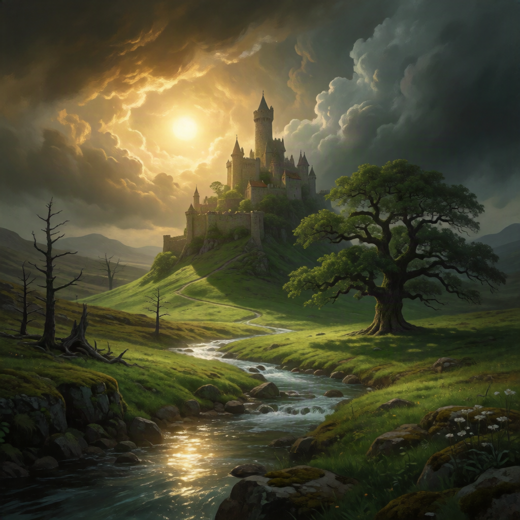 a stunning digital artwork of a mystical fortress atop a lush, emerald hill, bathed in the warm glow of a golden sun, with a shimmering stream flowing nearby, an ancient oak standing tall, all set against a backdrop of ominous, swirling clouds hinting at hidden terrors in a desolate landscape.