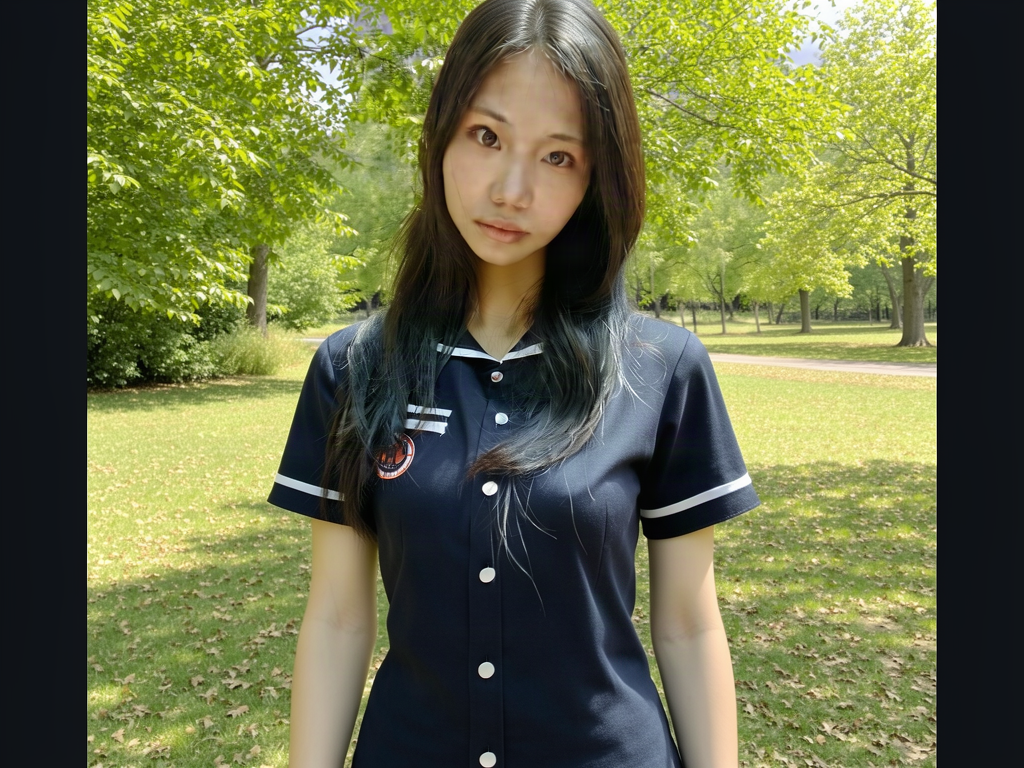 Positioned slightly back from the screen so the entire body is visible—including the underarms—while keeping the face as natural as possible; a slender build with a flat chest, ensuring the chest area is fully visible.