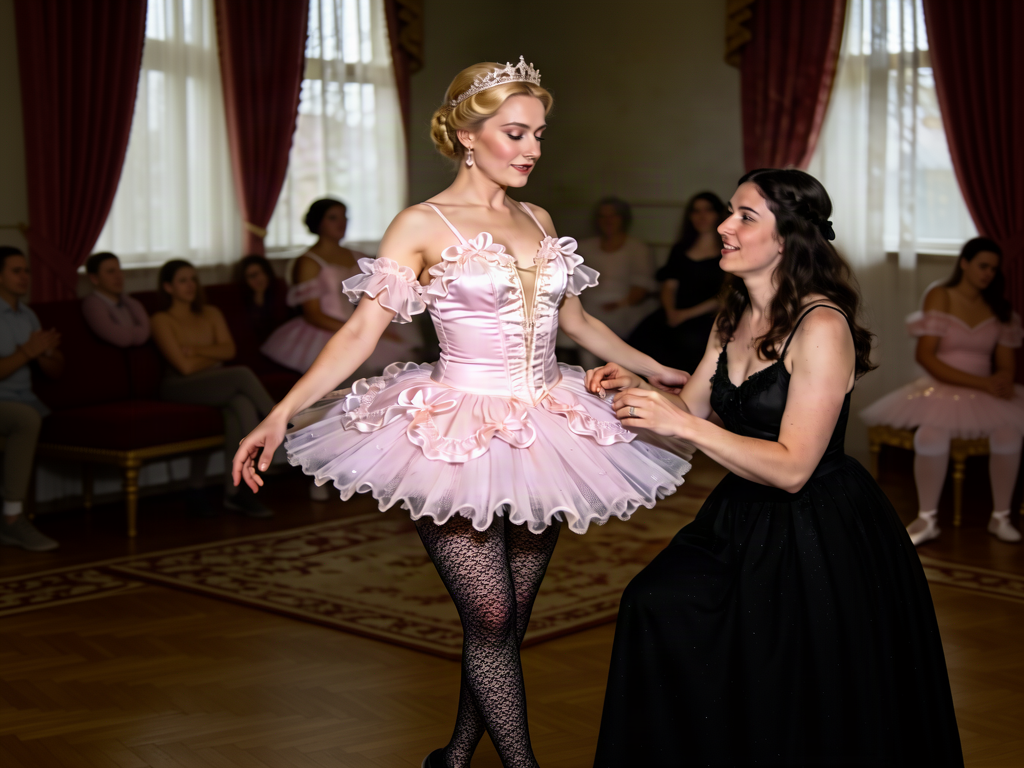 A 20 year petite crossdresser is dressed as a frilly ballerina by girlfriend show full body with legs in tights 