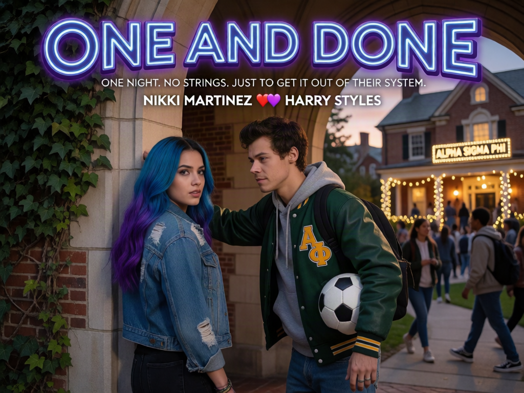 Characters and Foreground:
The composition is centered on a young woman and a young man in a tense encounter.
• Nikki Martinez: She is looking back over her shoulder towards the viewer. She has a striking appearance, with long, wavy hair featuring a dramatic gradient from bright blue roots to purple ends. She is wearing a distressed blue denim jacket over black top and jeans. Her expression is wary and guarded. She is leaning against a stone and ivy-covered archway.
• Harry Styles: He stands facing Nikki, leaning close to her with his hand on the wall. He is dressed as a popular student-athlete, wearing a dark green varsity jacket with the Greek letters 'AФ' (Alpha Sigma Phi) on the chest, a grey hoodie, jeans, and sneakers. He has a backpack and is holding a soccer ball under his other arm. He is looking at Nikki with a slightly knowing, smirk-tinged expression.
Setting and Background:
The setting is a picturesque university campus during the "golden hour" at twilight.
• Architecture: Behind the characters is a classic academic archway.
• Atmosphere: Further back, the scene is bustling with other blurred college students, indicating a busy campus environment.
• Key Detail: To the right, a fraternity house is visible, decorated with warm string lights. Above its porch, there is a lit sign that clearly says "ALPHA SIGMA PHI."
Typography and Text:
The title is presented dramatically at the top of the cover.
• Title: "ONE AND DONE" is rendered in large, stylized, blue-purple neon letters with bold white borders, giving it a luminous, cinematic feel.
• Tagline: Directly below the title, smaller text reads: "ONE NIGHT. NO STRINGS. JUST TO GET IT OUT OF THEIR SYSTEM."
• Character Names: Beneath the tagline, the specific names are highlighted: NIKKI MARTINEZ 💔 HARRY STYLES. They are separated by a small graphic of two linked but slightly broken hearts.