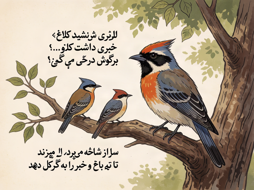 
کلاغ روی شاخه می‌نشیند و در گوش درخت می‌گوید: «خبری داشت کلاغ...»
برگ‌ها یکی‌یکی از سر و دوش درخت می‌ریزند.


سار از شاخه می‌پرد، بال می‌زند تا ته باغ و خبر را به گل دهد