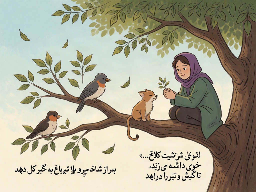 
کلاغ روی شاخه می‌نشیند و در گوش درخت می‌گوید: «خبری داشت کلاغ...»
برگ‌ها یکی‌یکی از سر و دوش درخت می‌ریزند.


سار از شاخه می‌پرد، بال می‌زند تا ته باغ و خبر را به گل دهد
