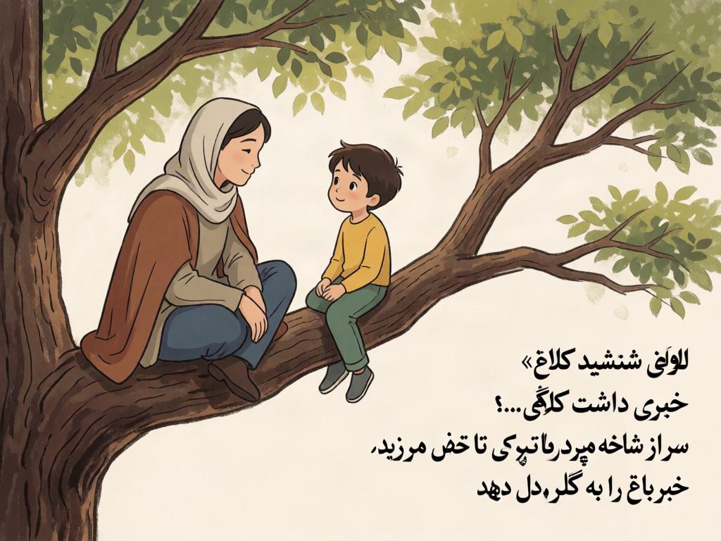 کلاغ روی شاخه مینشیند و در گوش درخت میگوید: «خبری داشت کلاغ...»
برگها یکییکی از سر و دوش درخت میریزند.
سار از شاخه میپرد، بال میزند تا ته باغ و خبر را به گل دهد