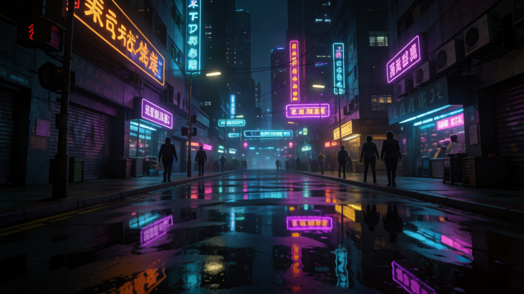 Cyberpunk city street at night, neon reflections...