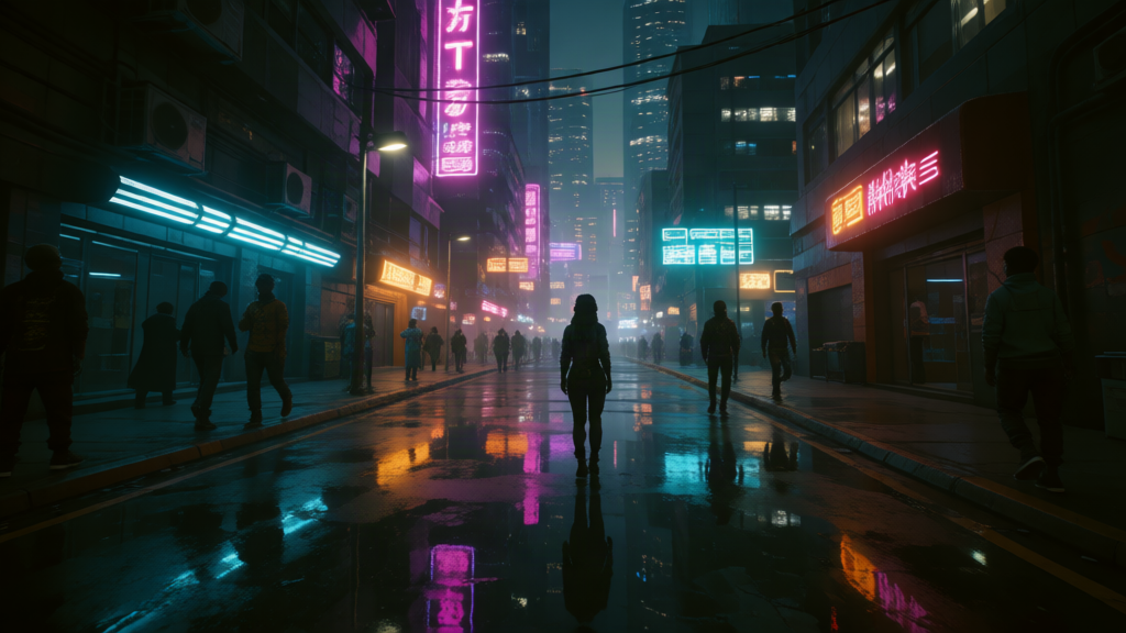 Cyberpunk city street at night, neon reflections...