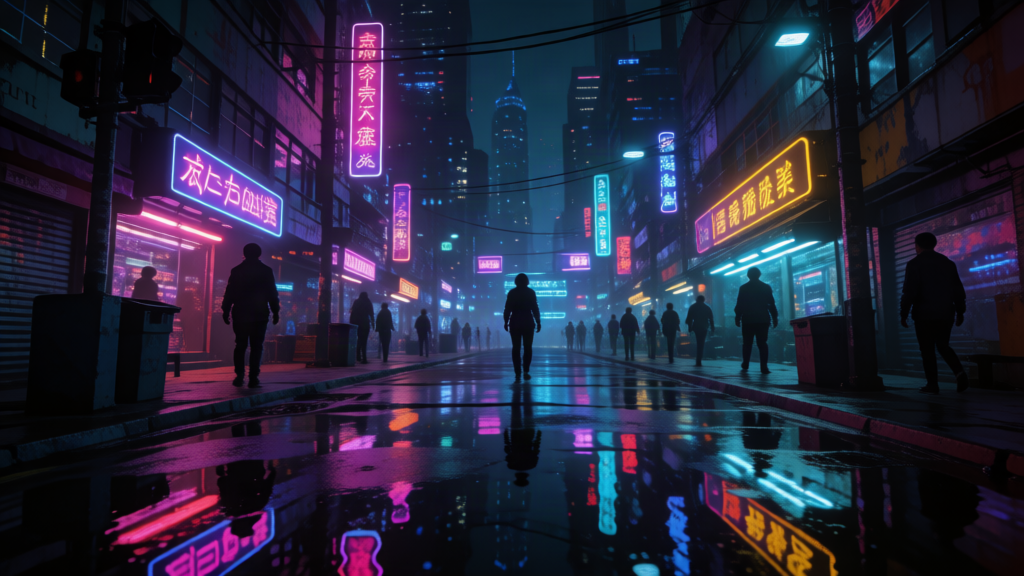 Cyberpunk city street at night, neon reflections...