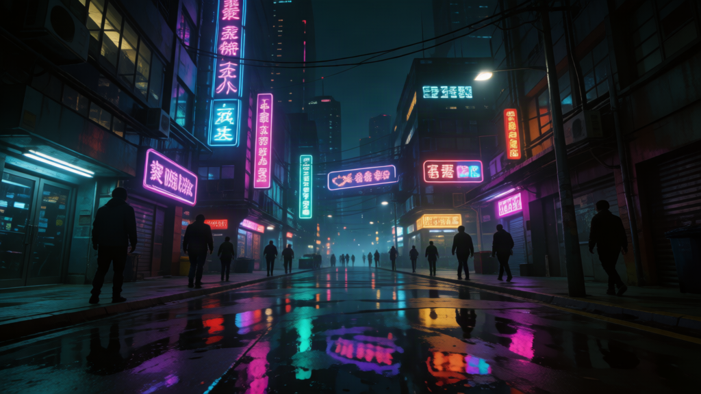 Cyberpunk city street at night, neon reflections...