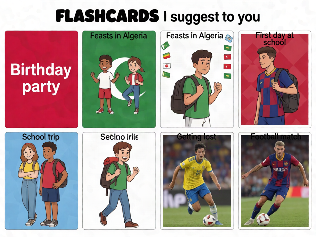I need flashcards written on them the titles I suggest to you
Birthday party
Feasts in Algeria
First day at school
School trip
Getting lost
Football match 