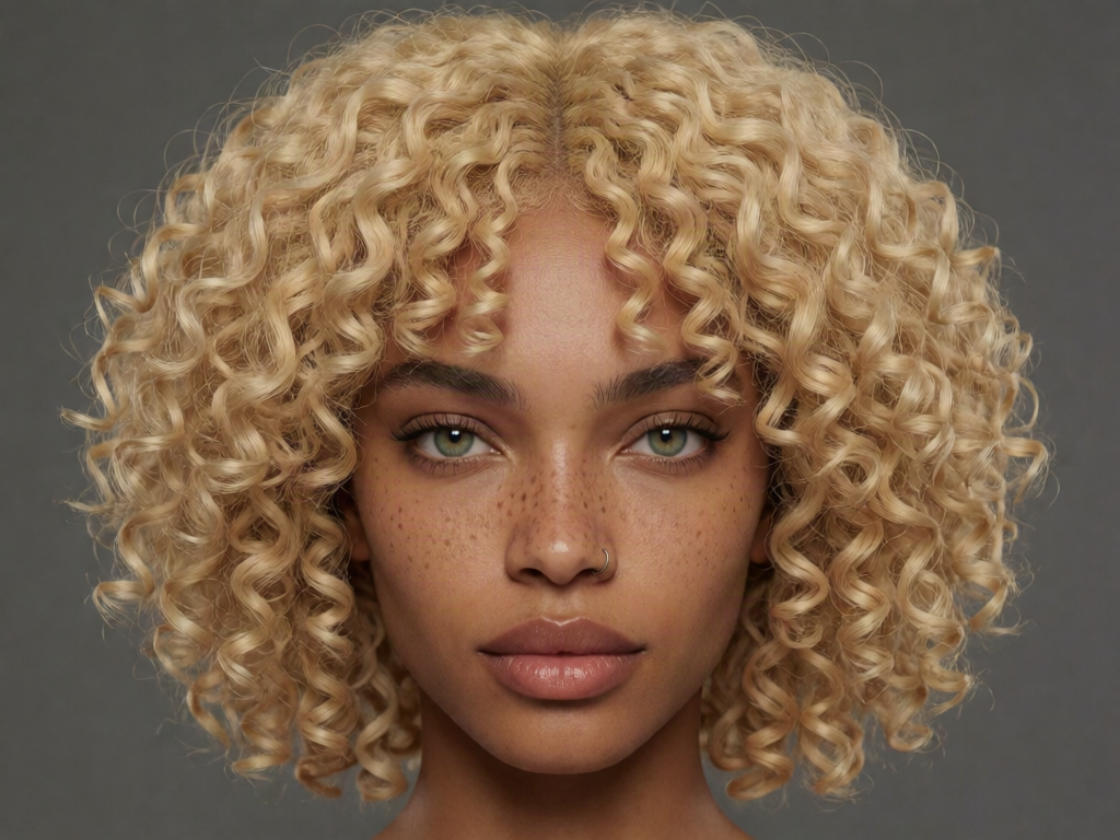 blond curley sholder length hair. racial ambiguous but darker complexion. green eyes. sharp cheekbones and plump pouty lips. give her freckles and a slight japaneese dominance to her profile. a nose ring. 