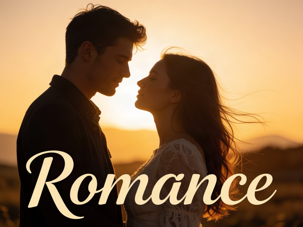 Romance novel cover, golden hour, two silhouettes...