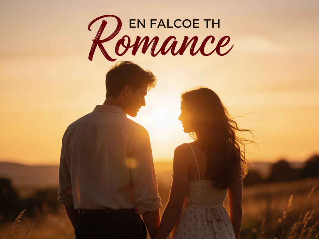 Romance novel cover, golden hour, two silhouettes...