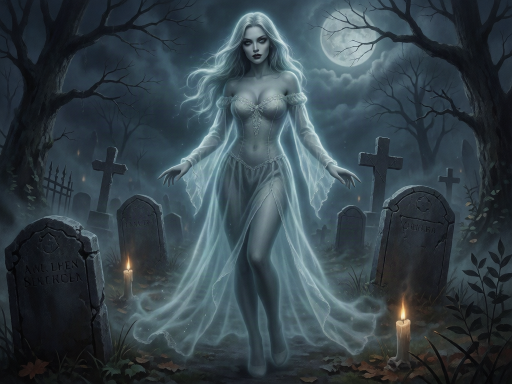 An alluring female ghost in a graveyard. Full body image.